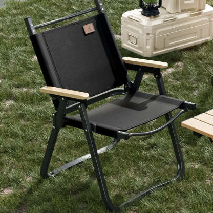 Scandinavian Alloy Wood Oxford Foldable Patio Dining Chair — Black Chair Frame - Beige Fabric