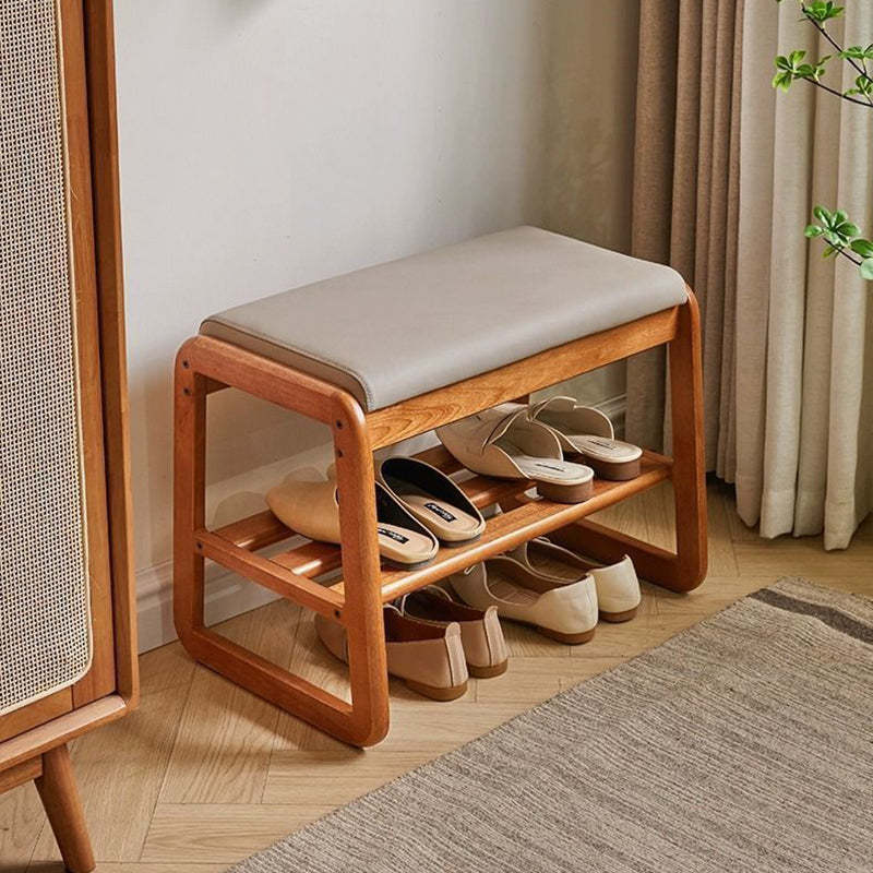 Minimalist Leather Wood 1-Shelf Shoe Storage