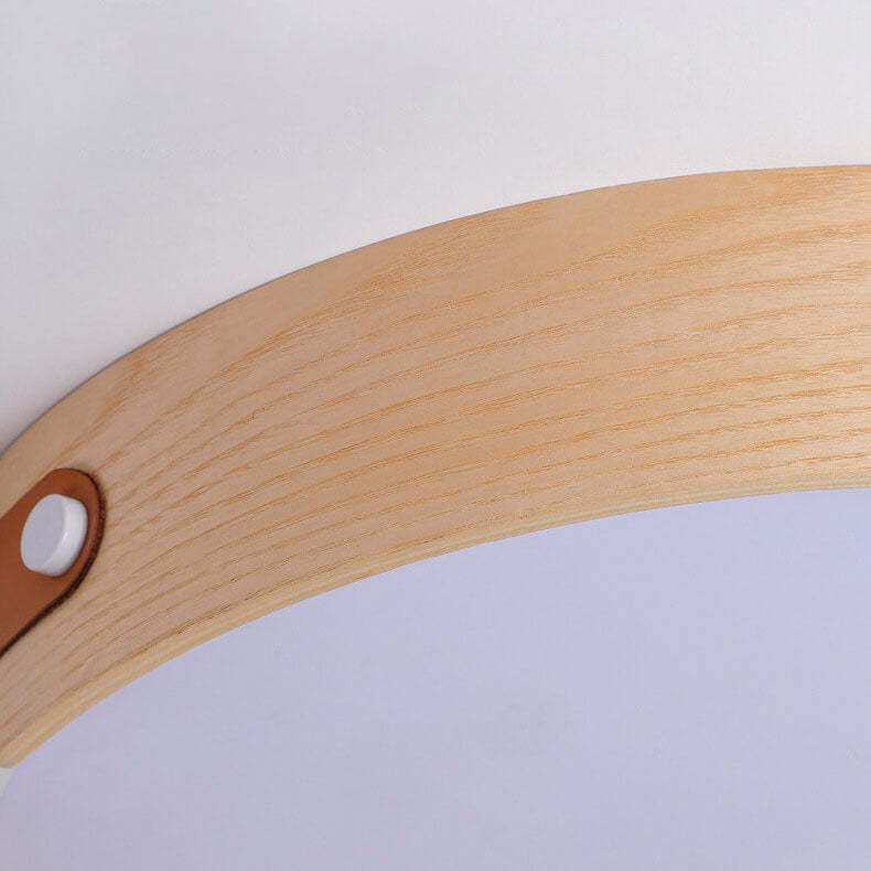 Minimalist Solid Wood Round Leather LED Flush Light