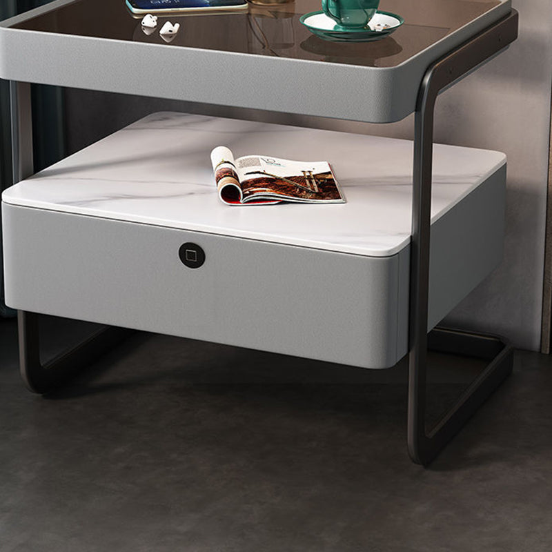 Minimalist Lock Tempered Glass Iron Nightstand — Gray - Without Lock
