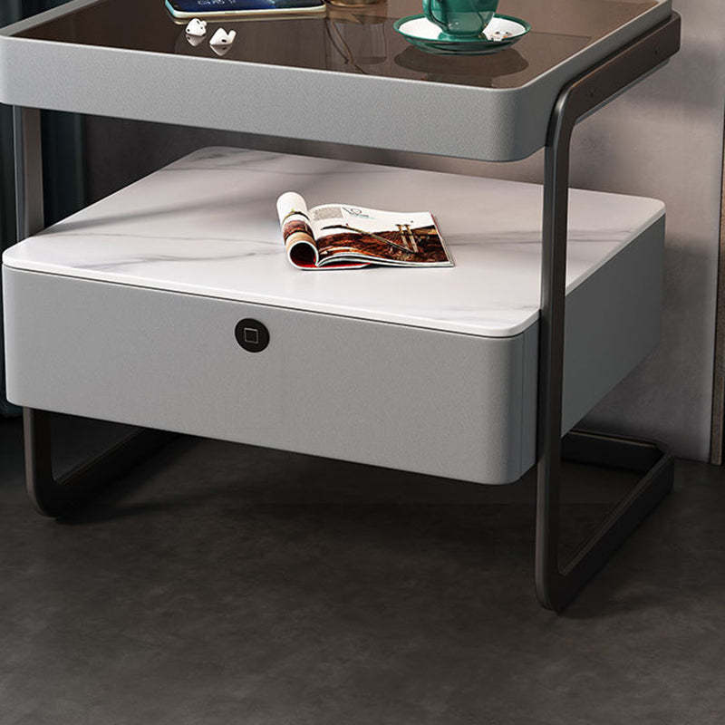 Minimalist Lock Tempered Glass Iron Nightstand — Gray - Without Lock