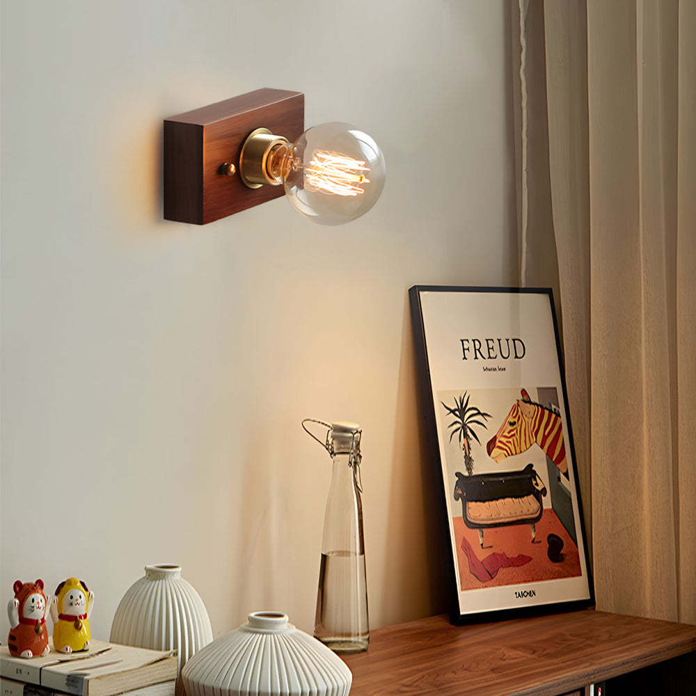 Round/Square Vintage Walnut Wood Wall Lamp 1-light with Pull Chain Switch-Lighom