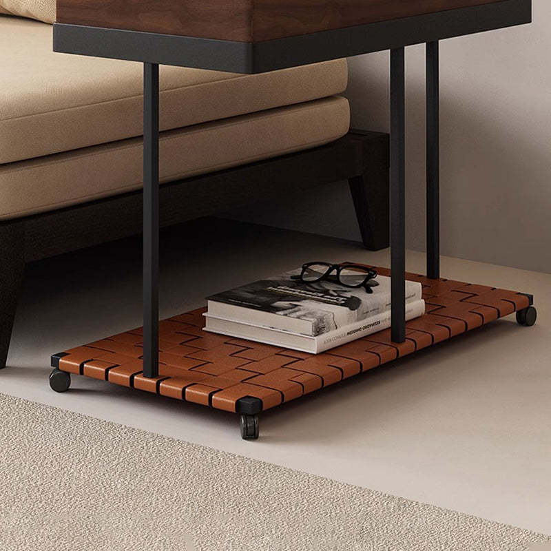 Minimalist Iron Leather Wood Rectangular End Table 1-Storage