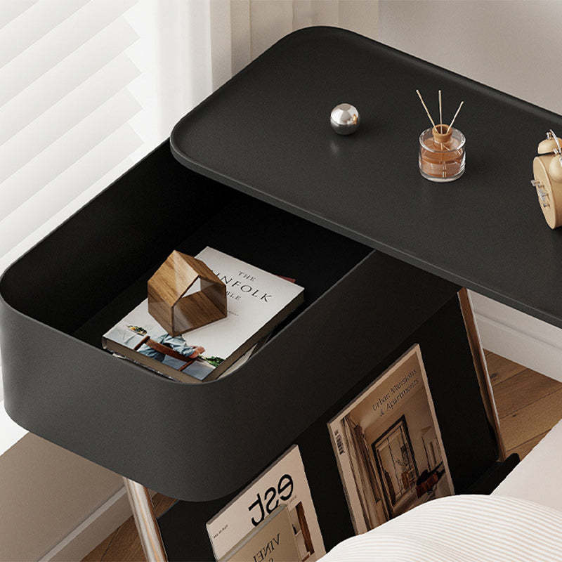 Minimalist Stainless Steel Swivel Nightstand 1-Cabinet — Without Wheels / Stainless Steel / Black Table Top & Black Frame
