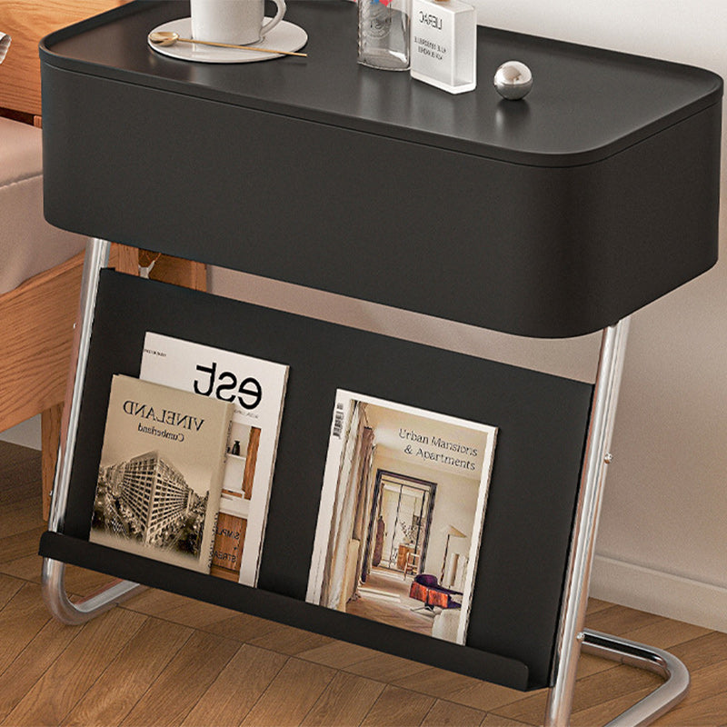 Minimalist Stainless Steel Swivel Nightstand 1-Cabinet — Without Wheels / Stainless Steel / White Table Top & Black Frame