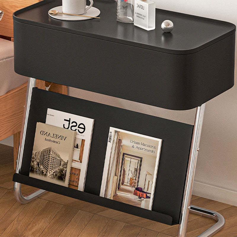 Minimalist Stainless Steel Swivel Nightstand 1-Cabinet — Without Wheels / Stainless Steel / White Table Top & Black Frame