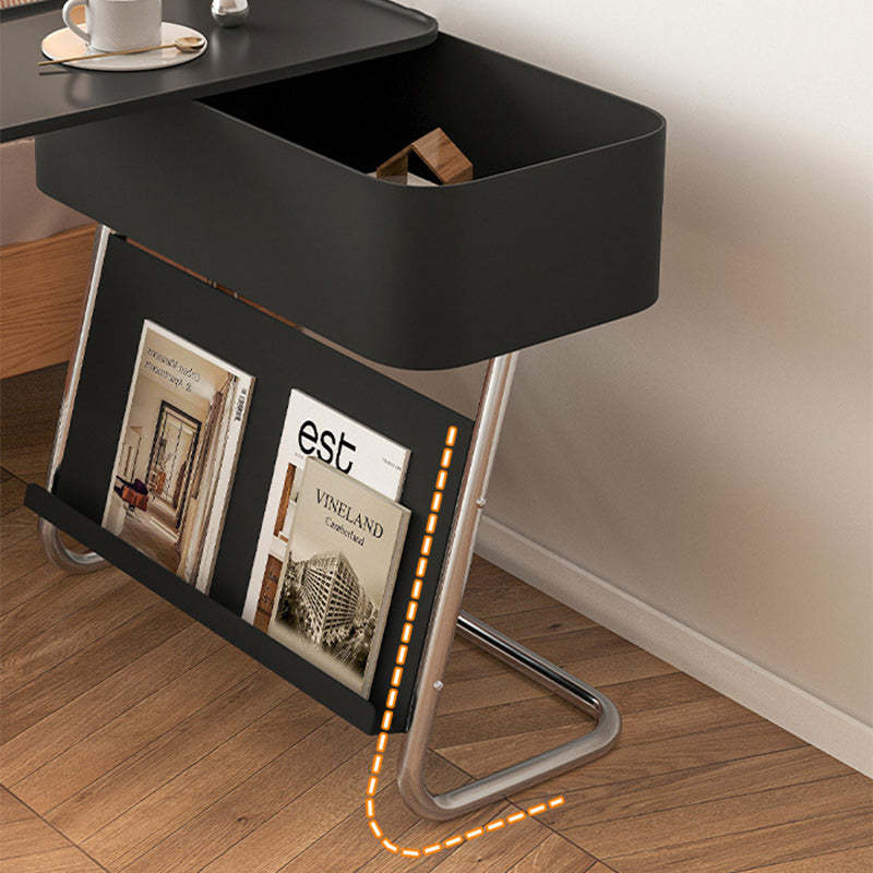 Minimalist Stainless Steel Swivel Nightstand 1-Cabinet — With Wheels / Carbon Steel / Black Table Top & Silver Frame