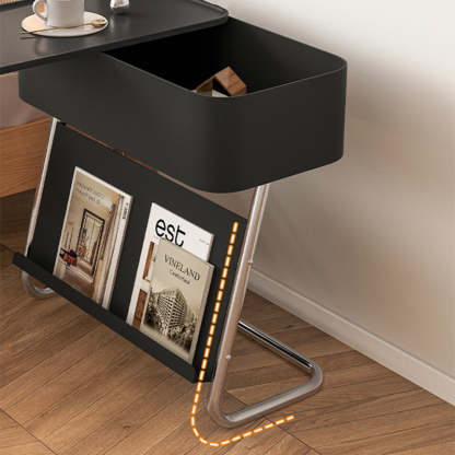 Minimalist Stainless Steel Swivel Nightstand 1-Cabinet — With Wheels / Carbon Steel / Black Table Top & Silver Frame