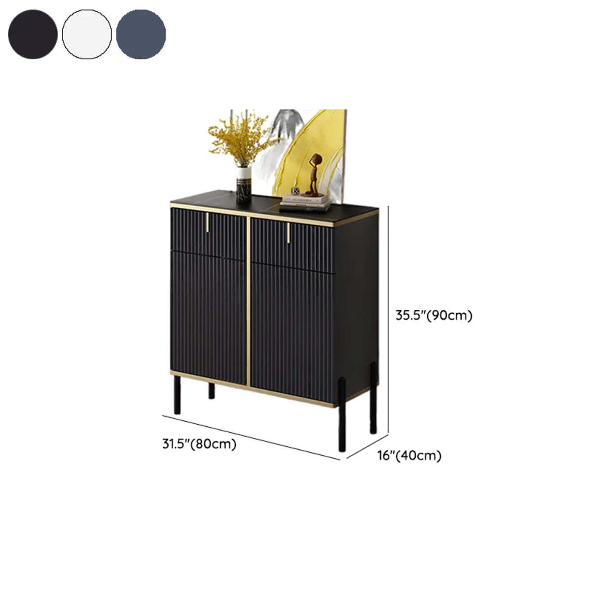 Rectangular Stone Top Black Cabinet Sideboard — Grey