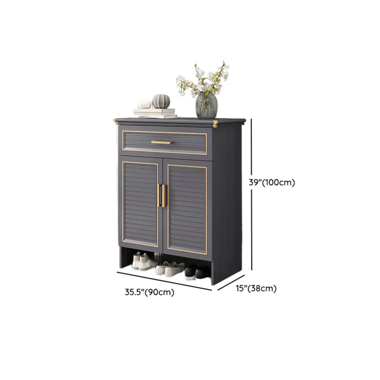 Modern Louver Wooden Entryway Gray Spacious Shoe Cabinet #size