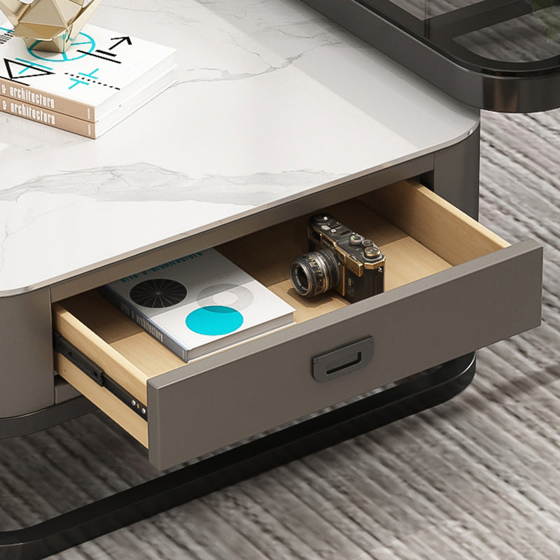 Minimalist Rock Slab Glass Square Coffee Table 1-Drawer — Gold Frame + White Tabletop + Gray Drawer
