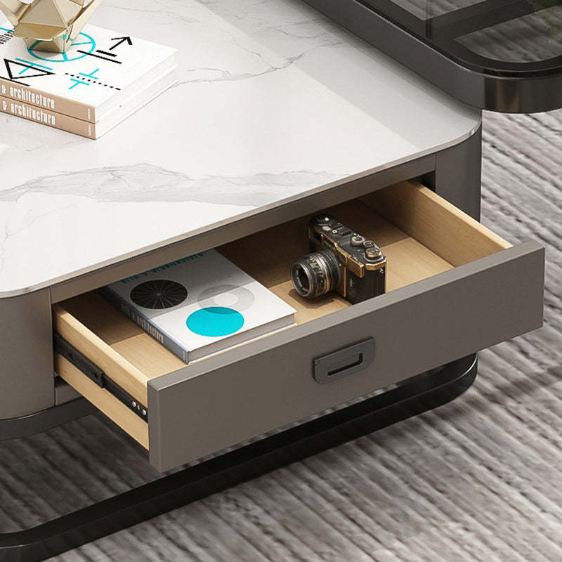Minimalist Rock Slab Glass Square Coffee Table 1-Drawer — Gold Frame + White Tabletop + Gray Drawer