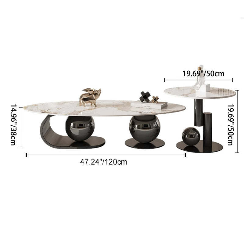 Nordic Elliptical Rock Plate Steel Coffee Table — With Side Table / Gold