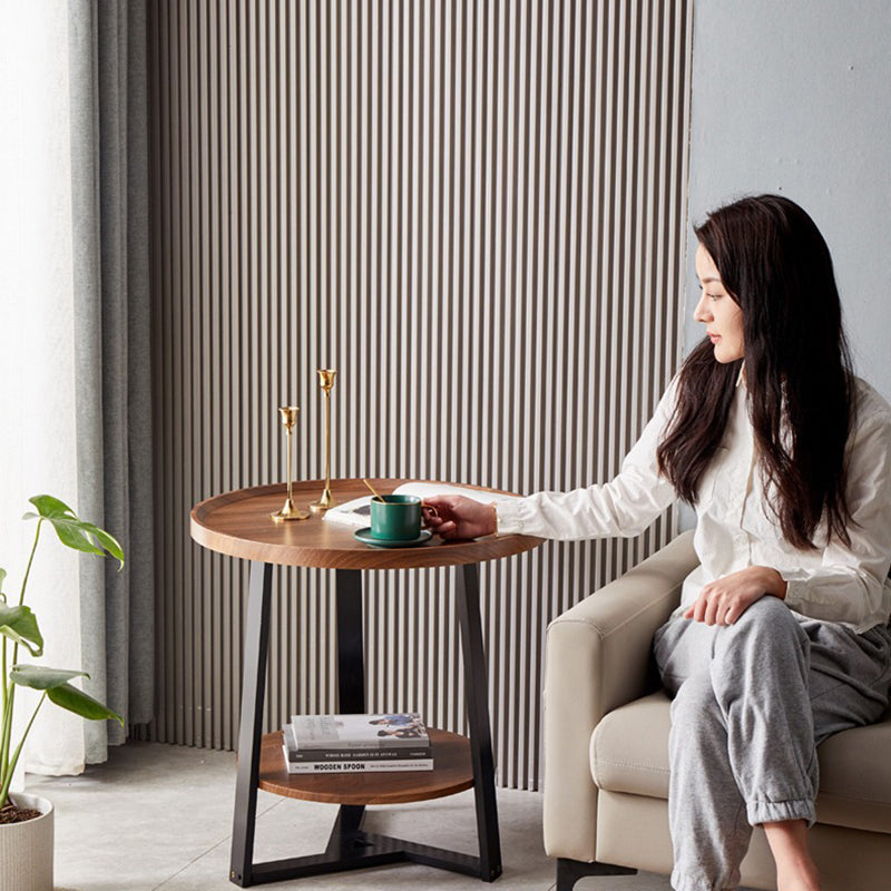 Scandinavian Round Wood Iron 2-Tier End Table