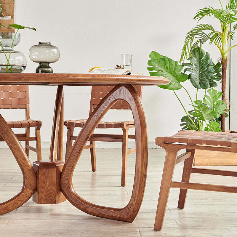 Scandinavian Woven Wood Saddle Leather Dining Chair