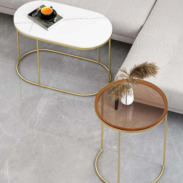 Nordic Oval Glass Rock Slab Steel Coffee Table