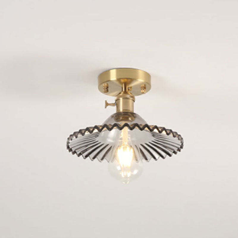 Japanese Vintage Brass Lotus Glass Semi-Flush Ceiling Light