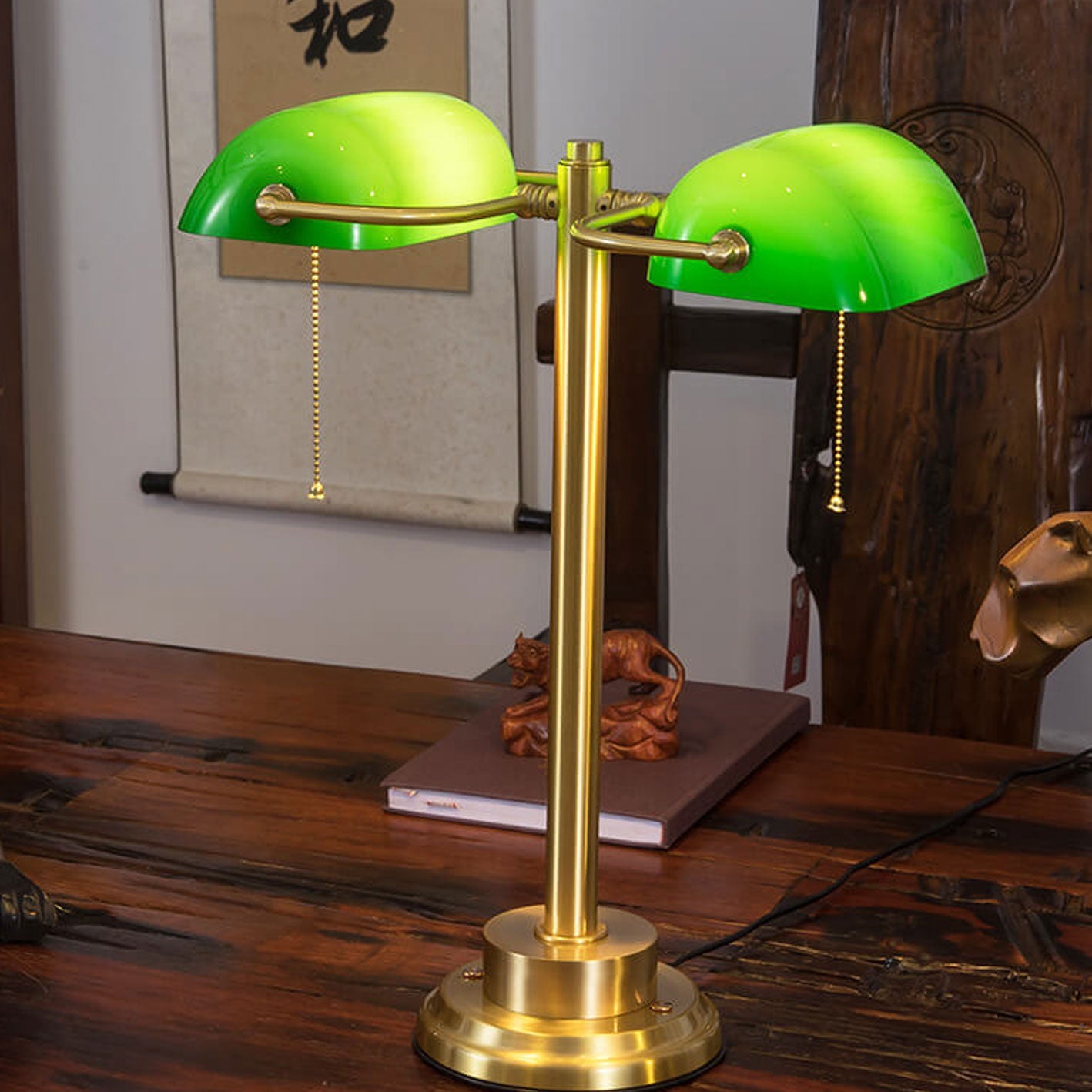 Vintage Green Brass Bank Pull Cord Lamp
