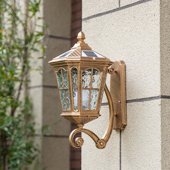 European Solar Lantern Aluminum Glass Outdoor Wall Sconce — Black / Solar