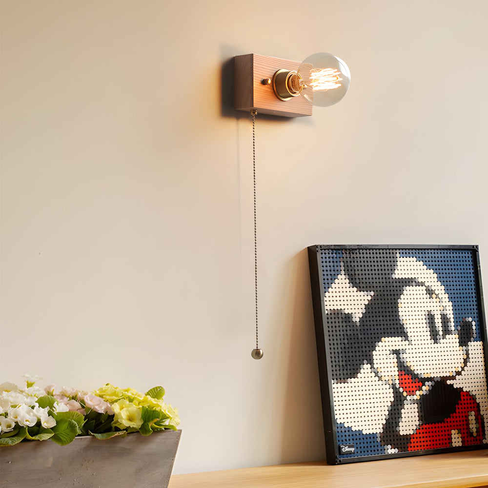 Round/Square Vintage Walnut Wood Wall Lamp 1-light with Pull Chain Switch-Lighom