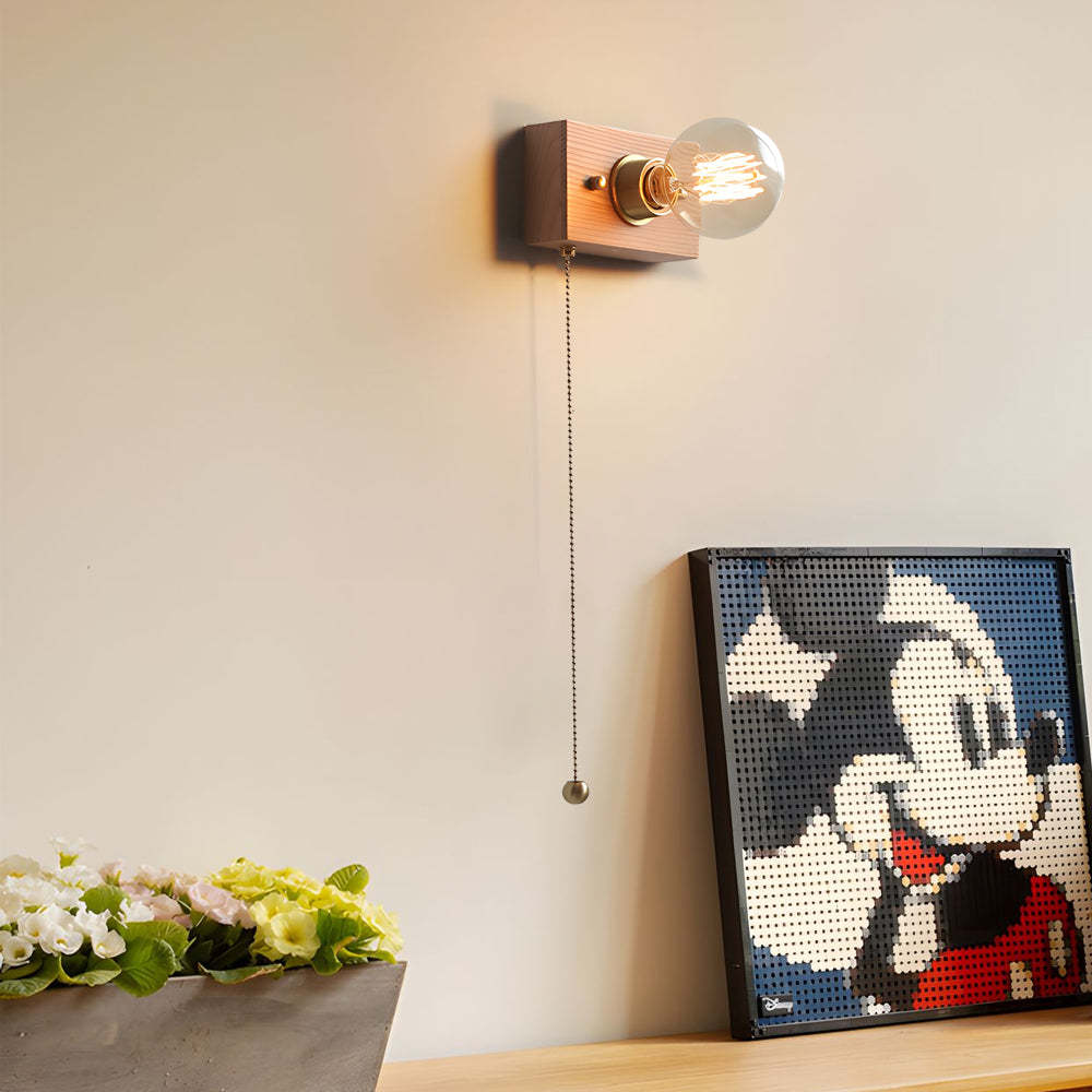 Round/Square Vintage Walnut Wood Wall Lamp 1-light with Pull Chain Switch-Lighom