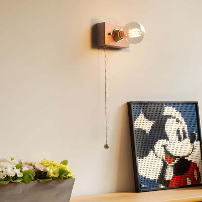 Round/Square Vintage Walnut Wood Wall Lamp 1-light with Pull Chain Switch-Lighom