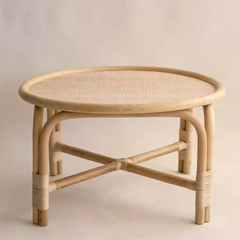Nordic Round Rattan Coffee Table — Original Wood Color
