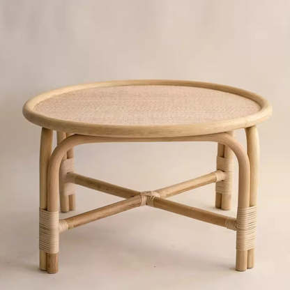 Nordic Round Rattan Coffee Table — Original Wood Color