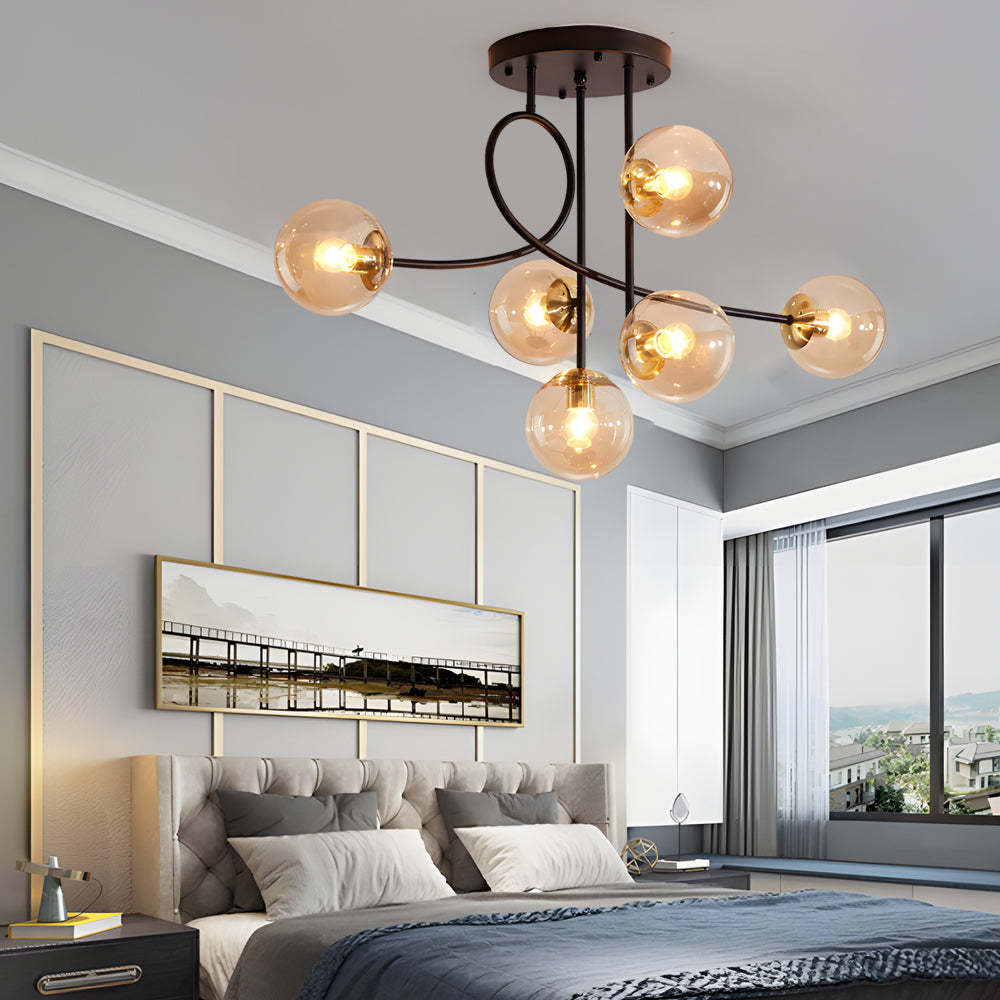 Gold Black Semi-Flush Chandelier with Glass Shade