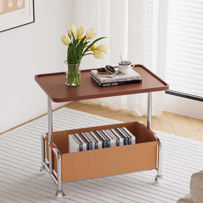 Minimalist Iron Leather Rectangular Movable End Table 2-Tier