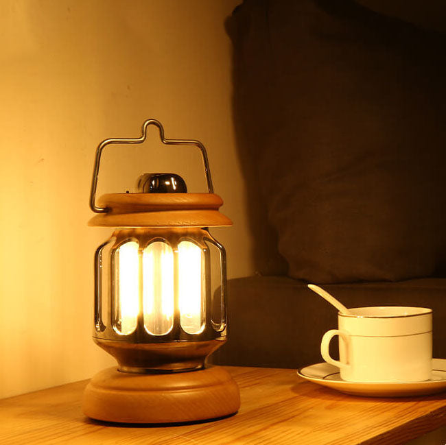 Vintage Teapot Wood Base LED Rechargeable Camping Light — Wood