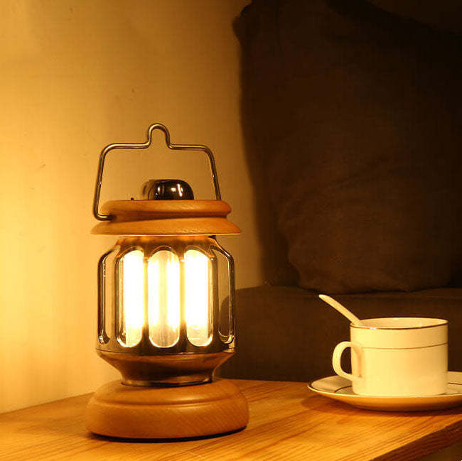 Vintage Teapot Wood Base LED Rechargeable Camping Light — Wood