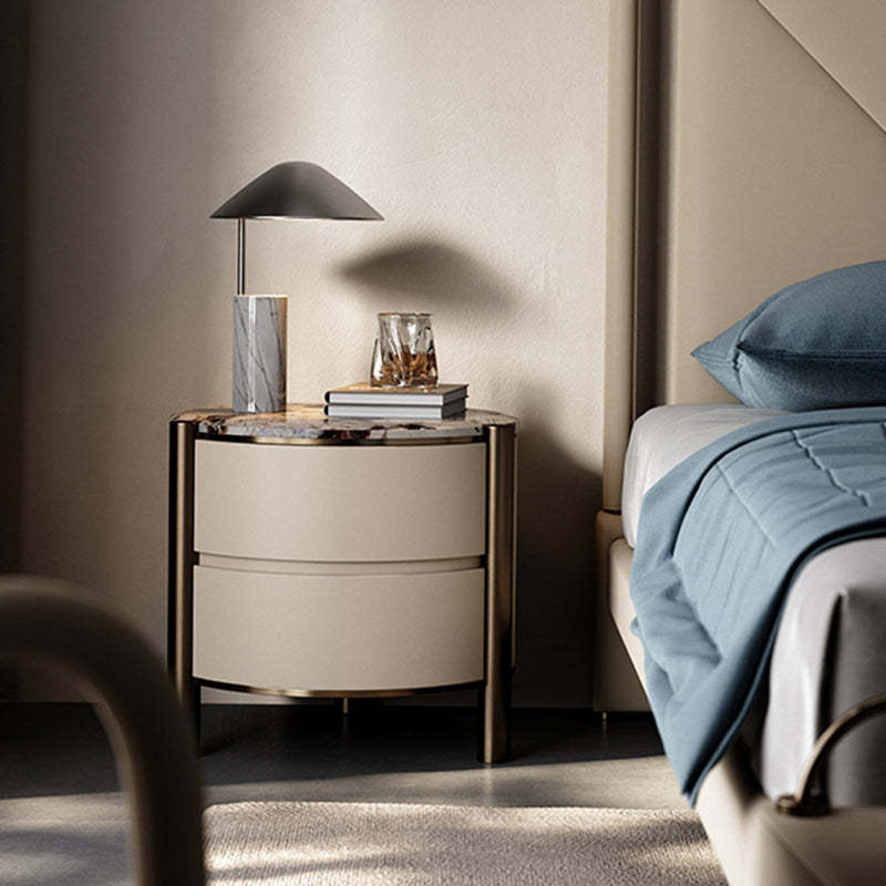 Modern Marble Solid Wood Round Nightstand 2-Drawer