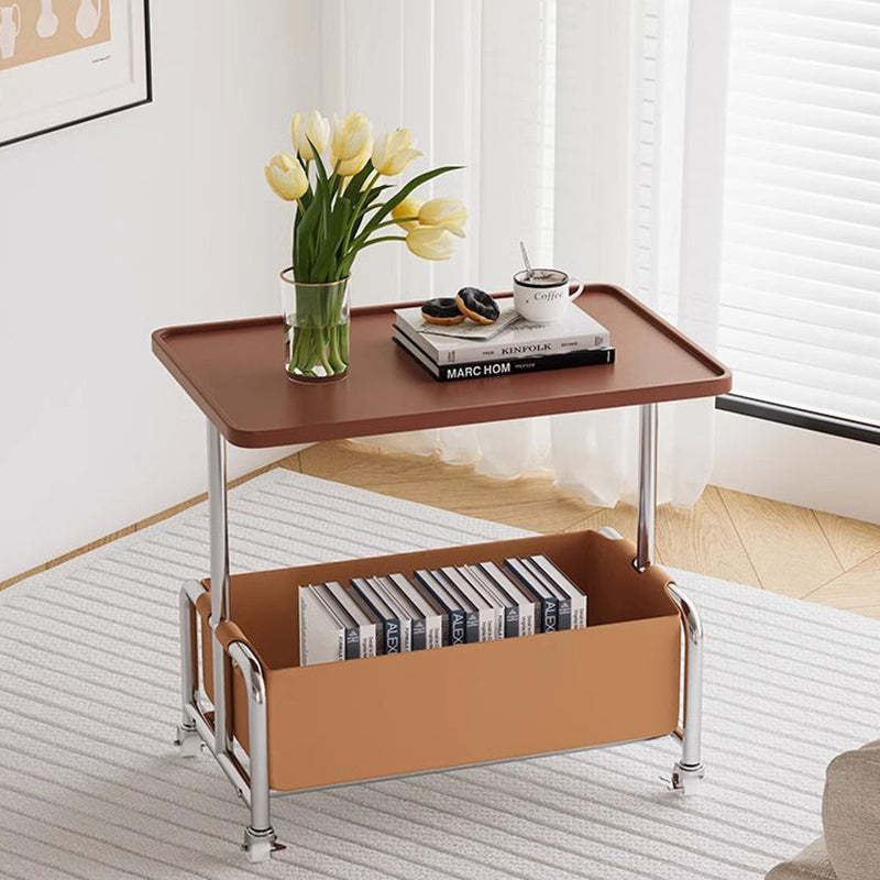 Wood leather 2-tier tray end & side tables - minimalist — Stainless Steel / Orange