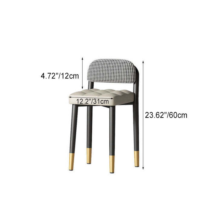 Modern Fabric Upholstered Low Back Vanity Stool — Orange Fabric Seat + Houndstooth Backrest