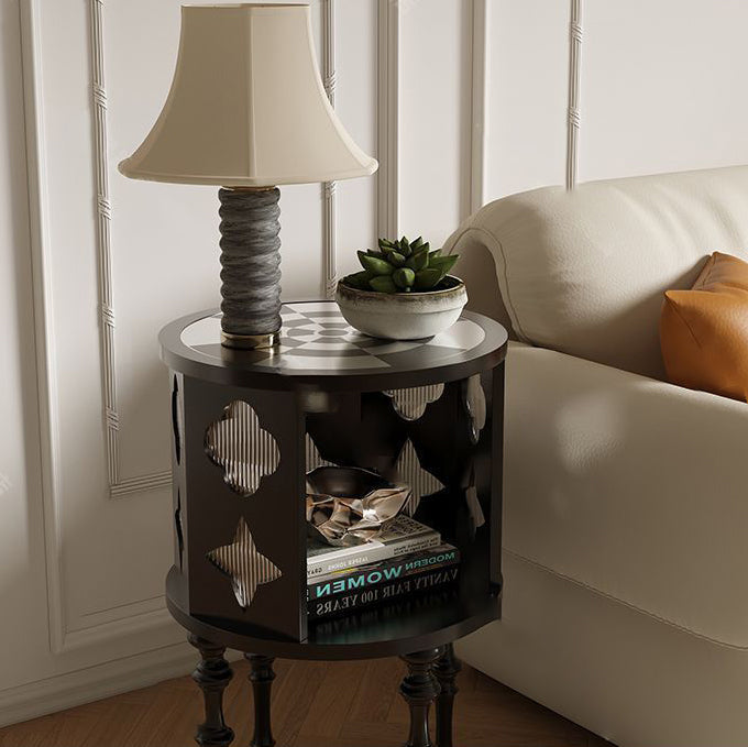 Vintage Cylinder Checkerboard Wood Glass End Table