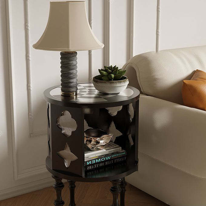 Vintage Cylinder Checkerboard Wood Glass End Table