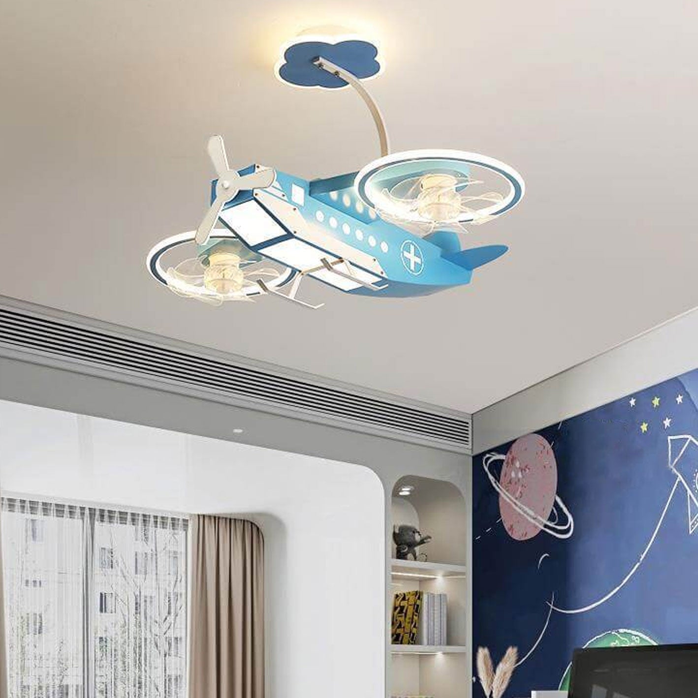 Cartoon Aircraft Kids Flush Mount Ceiling Fan Light