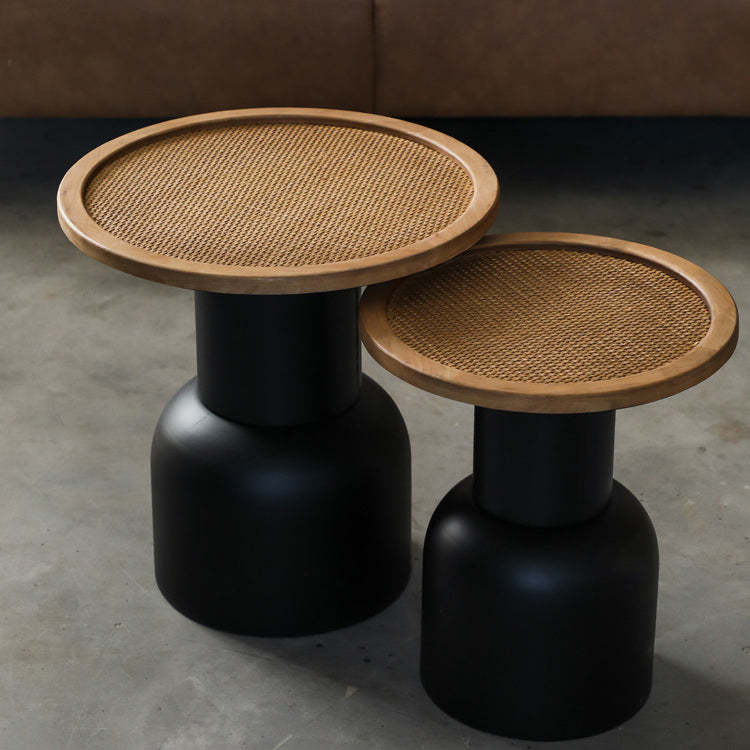 Vintage Cylinder Iron Rattan Wood End Table