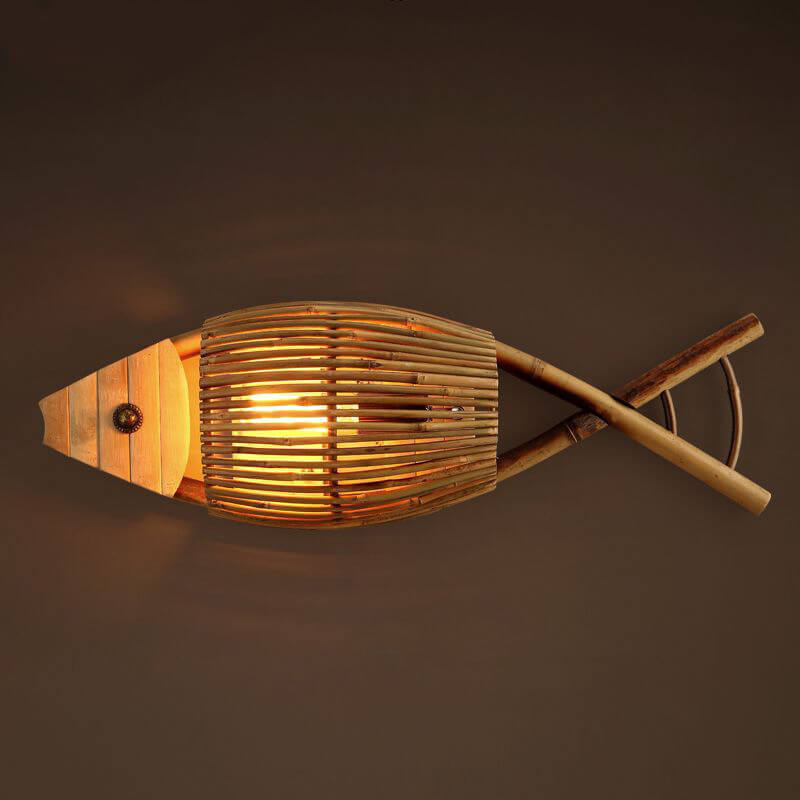 Vintage Woven Bamboo Fish Wall Sconce