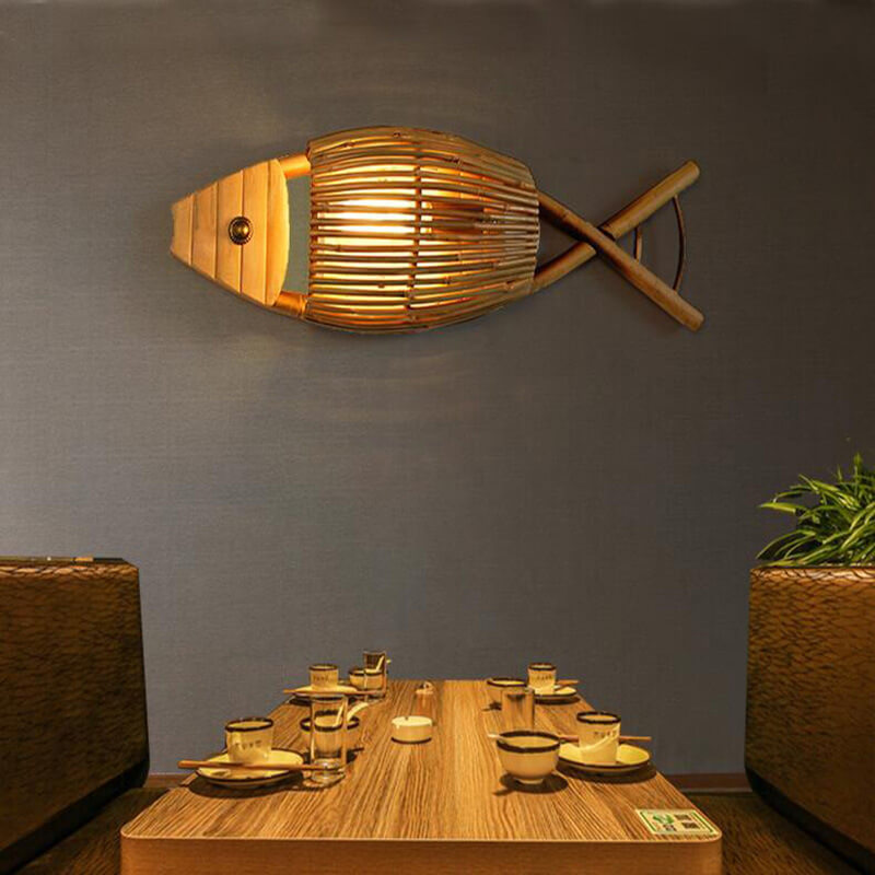 Vintage Woven Bamboo Fish Wall Sconce