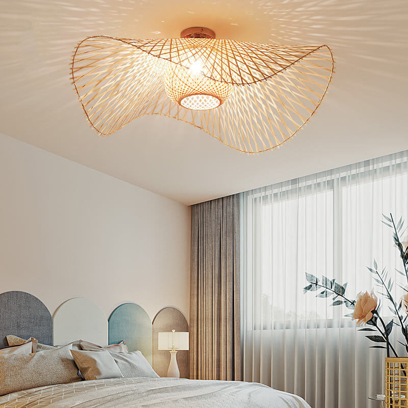 Modern Bamboo Weaving Japanese Flush Mount Light