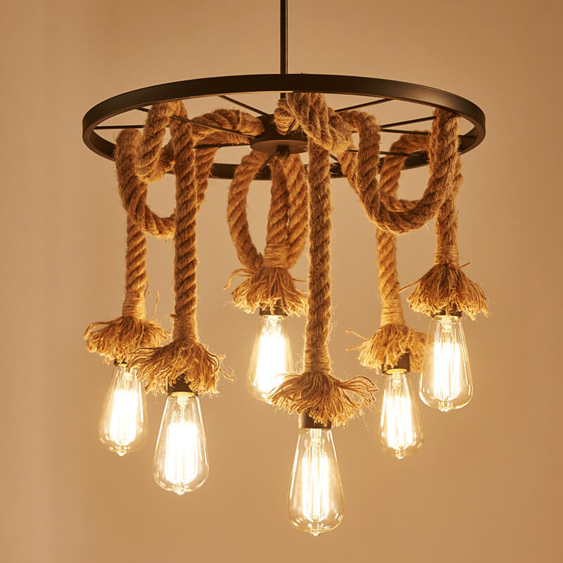 Retro Black Metal Wagon Wheel Hemp Rope Chandelier — 3 Light / 220V-240V For UK/AU
