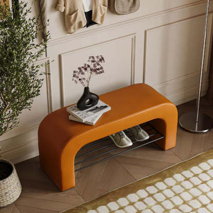 Minimalist Lambswool PU Leather Iron 1-Shelf Storage Bench — Black