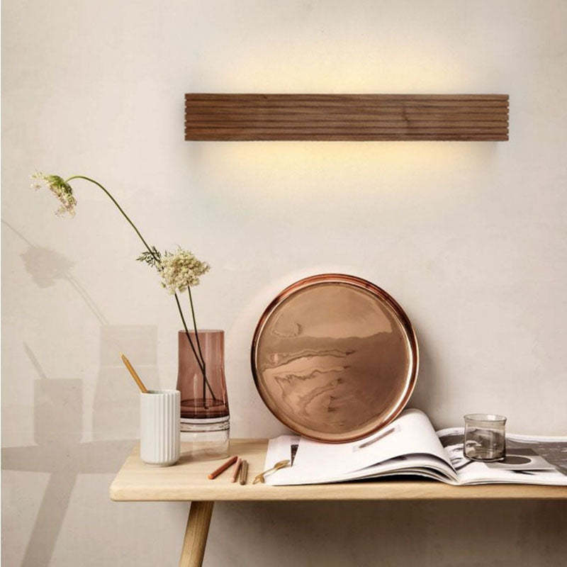 Chinese Striped Wood Cuboid LED Vanity Sconce — Warm Light (3000K) / 220V-240V For UK/AU