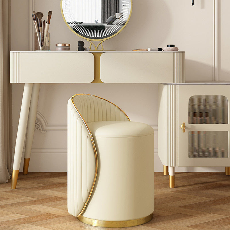 Minimalist Cylinder Iron Leather Vanity Stool — Without Swivel / Beige + Orange