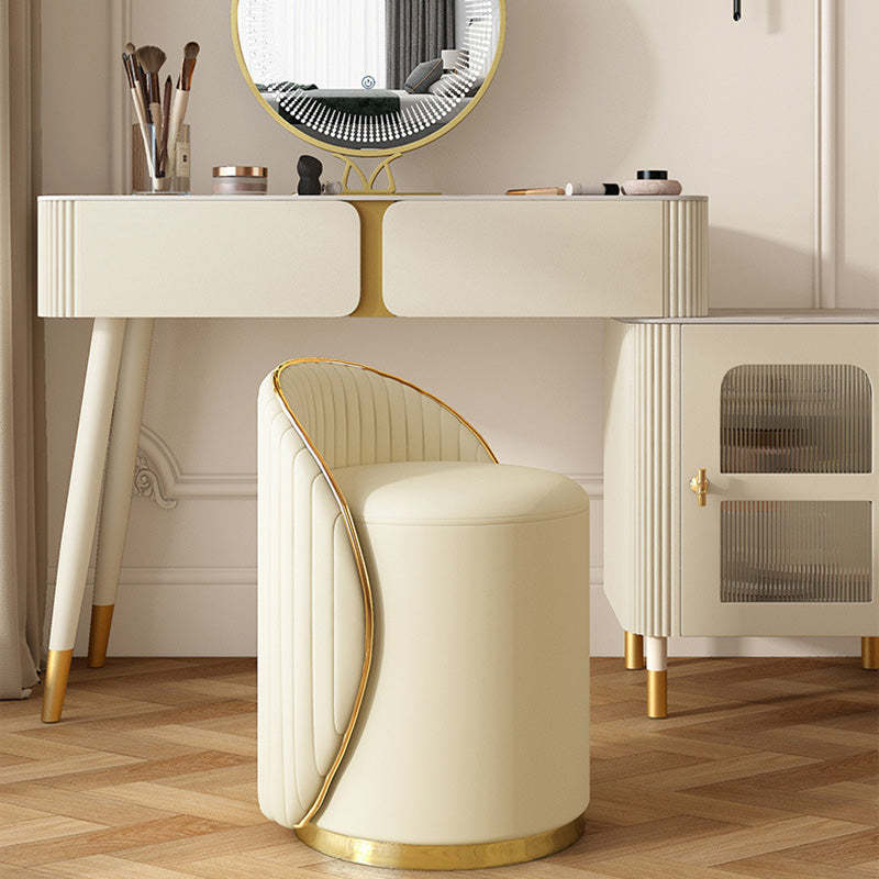 Minimalist Cylinder Iron Leather Vanity Stool — Without Swivel / Beige + Orange