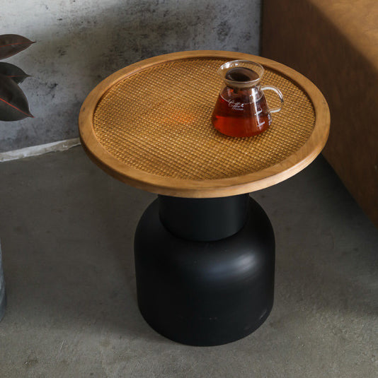 Vintage Cylinder Iron Rattan Wood End Table