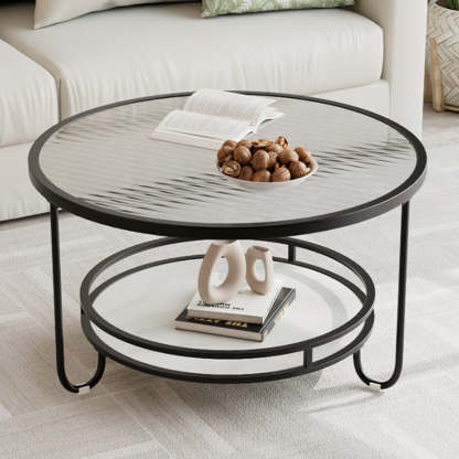 Modern Round Striped Glass Metal Coffee Table