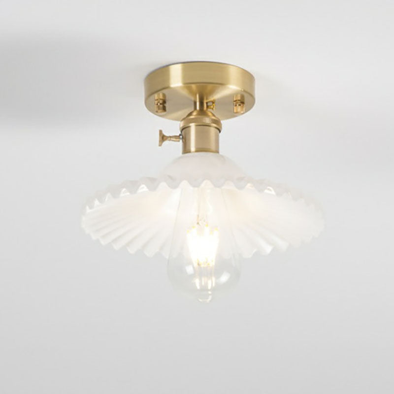 Japanese Vintage Brass Lotus Glass Semi-Flush Ceiling Light